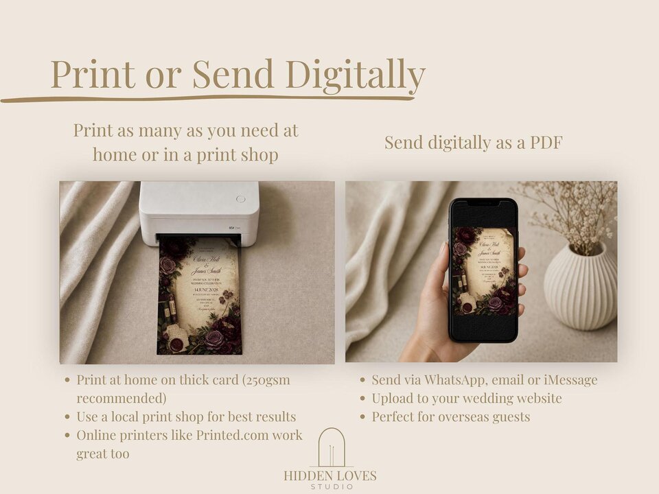 Two-panel instructional graphic showing home printing on the left and digital sharing on a smartphone on the right.