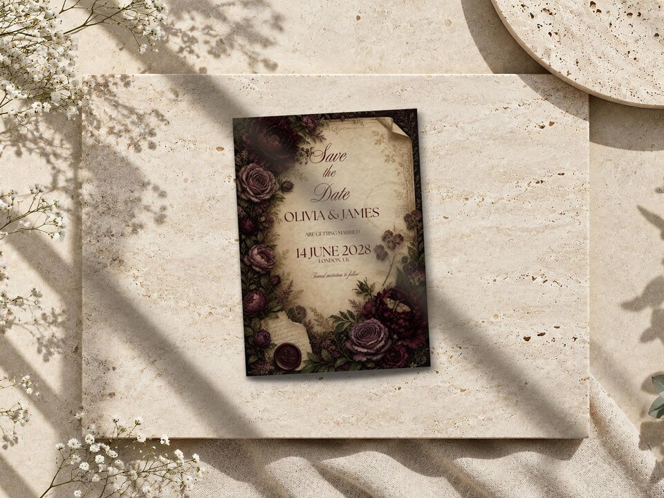 Save the date wedding invitation card featuring dark burgundy floral illustrations on an aged parchment background, lying flat on a stone surface.