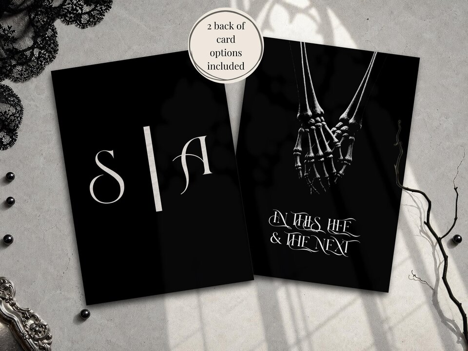 Two back options for a black wedding card, one with monogram initials and the other with intertwined skeleton hands.