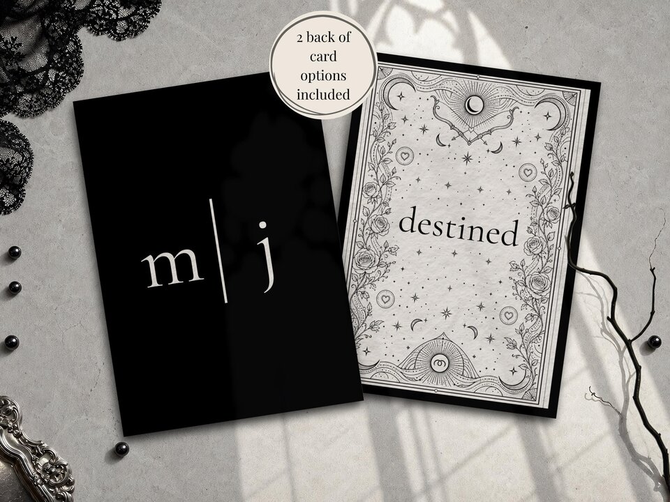 Two back-of-card design options are displayed, one solid black with initials and one with ornate mystical borders and the word destined.