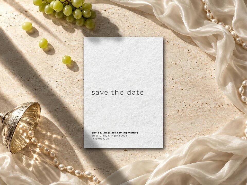 A save the date card on textured paper surrounded by draped fabric, green grapes, and pearls on a stone surface.