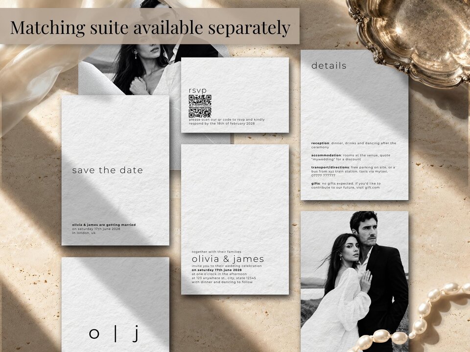 Flat lay of multiple wedding invitation suite cards including a save the date, details card, RSVP, and photo card.