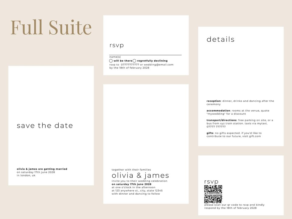 Digital mockups of a full wedding invitation suite on a light beige background with minimalist text and QR code.