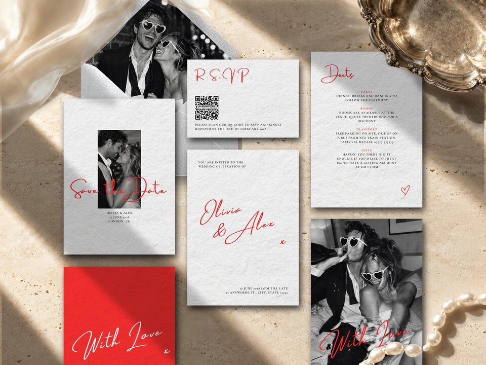 Playful Wedding Invitation Suite featuring a blush pink background with oversized cherry-red handwritten script, compact black serif details and a small hand-drawn heart; editable Canva template with refined typography and personalised wedding details.