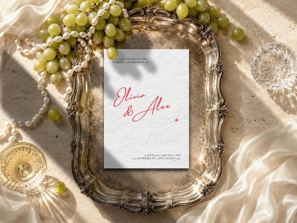 Playful Wedding Invitation featuring a blush pink background d with oversized cherry-red handwritten script, compact black serif details and a small hand-drawn heart; editable Canva template with refined typography and personalised wedding details.