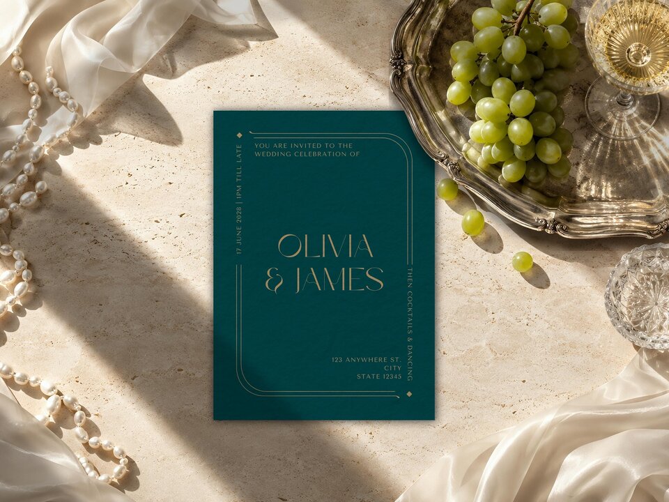 Art Deco Wedding Invitation featuring a deep emerald green background with metallic gold typography, curved geometric linework, corner diamonds and an Art Deco initials monogram; editable Canva template with refined typography and personalised wedding details.