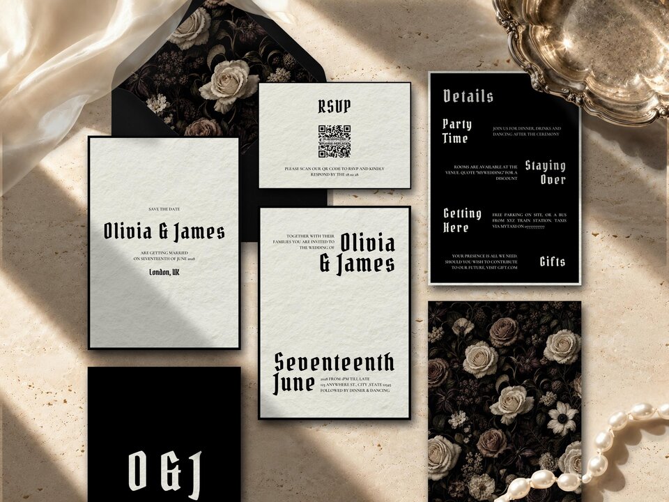 Gothic Wedding Invitation Suite featuring a warm ivory background with a thick black border, oversized black Old English lettering and asymmetrical editorial typography; editable Canva template with refined typography and personalised wedding details.