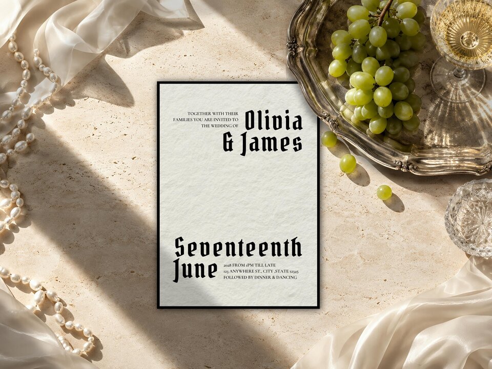 Gothic Wedding Invitation featuring a warm ivory background with a thick black border, oversized black Old English lettering and asymmetrical editorial typography; editable Canva template with refined typography and personalised wedding details.