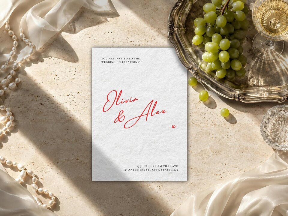 A wedding invitation rests on a stone tabletop with green grapes, a silver tray, and draped fabric.