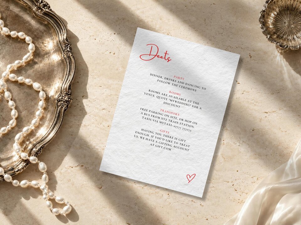 An information card with event details is displayed next to a silver tray, pearls, and draped fabric.