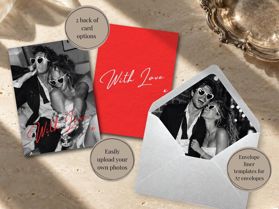 Wedding stationery including a black-and-white photo card with heart sunglasses, a solid red card, and an open envelope.