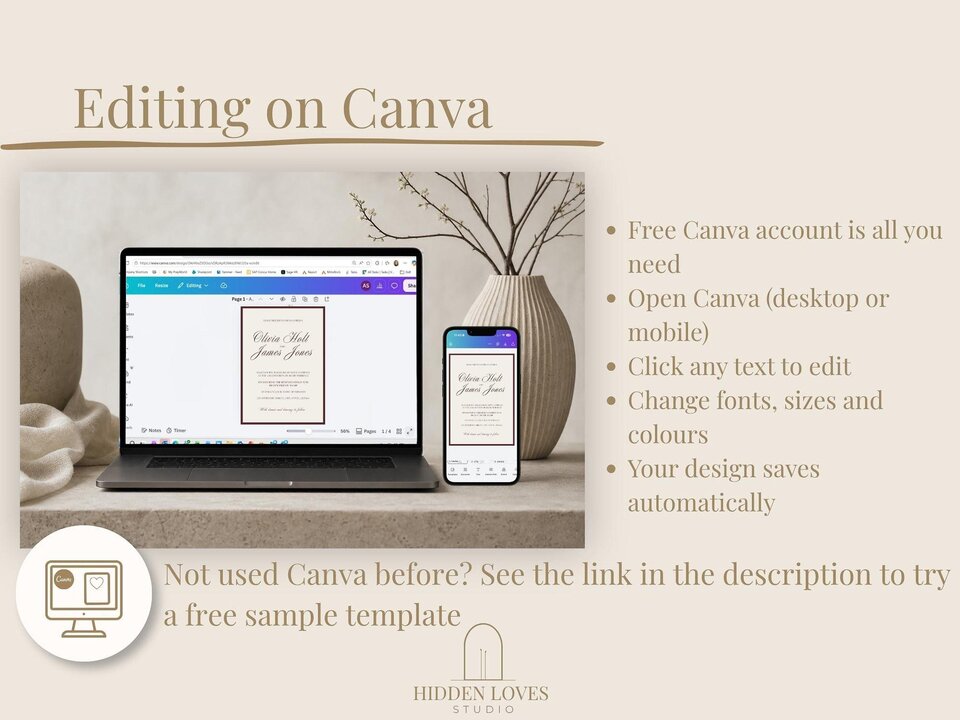 A laptop and smartphone displaying a Canva wedding invitation template on screen.