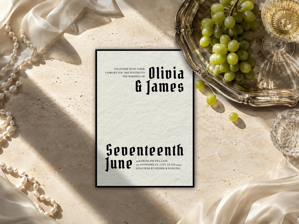A wedding invitation card with gothic typography sits on a textured stone surface next to grapes, a silver tray, and pearls.