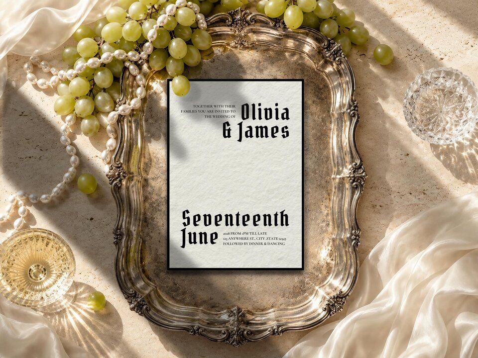 A wedding invitation card centered inside an ornate silver tray surrounded by green grapes, pearls, and white fabric.