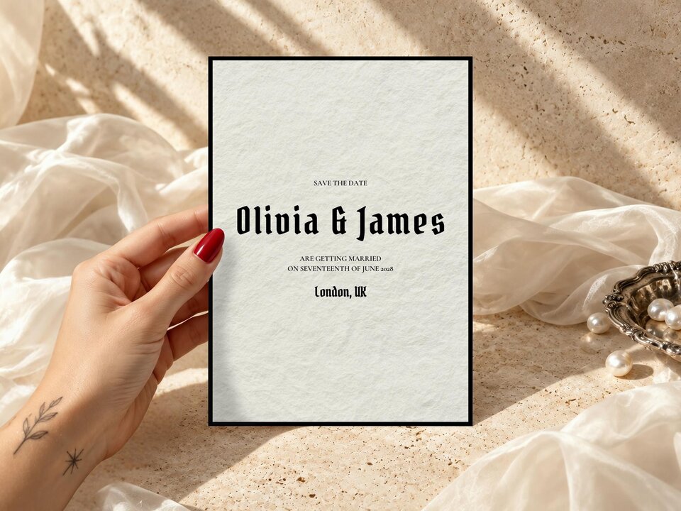 A hand with red nails holds a save the date card against a background of draped white fabric, grapes, and pearls.