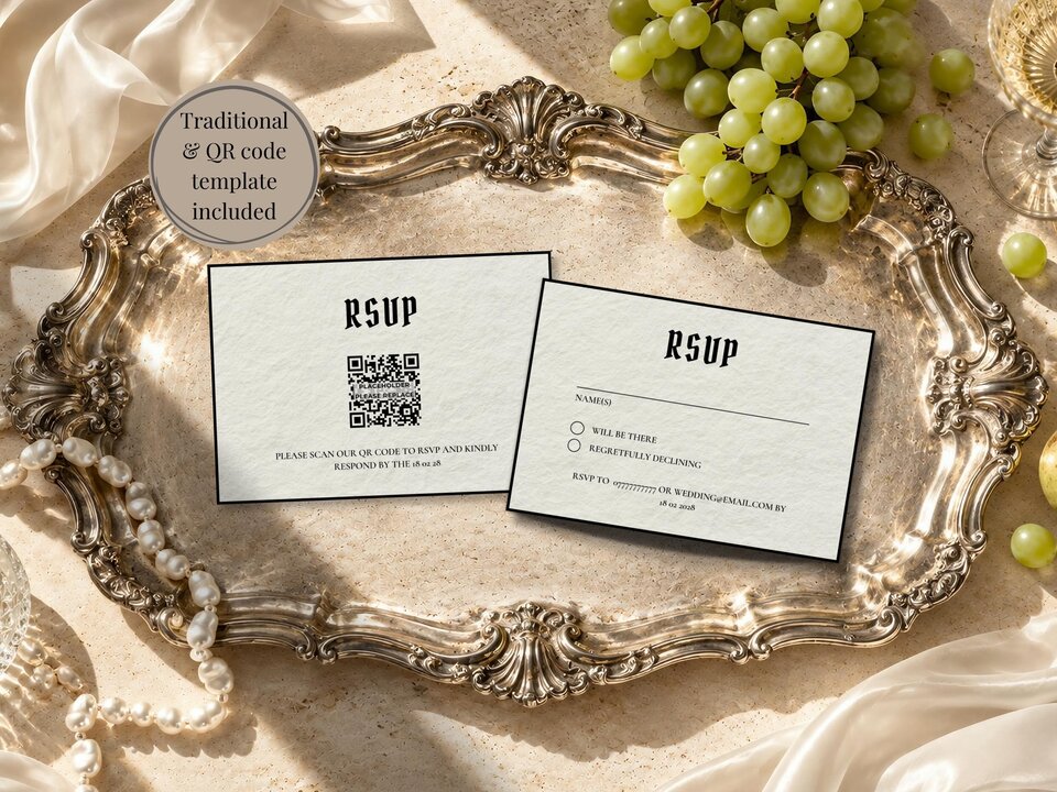 Two RSVP cards resting on an ornate silver tray surrounded by green grapes, white pearls, and silk fabric.