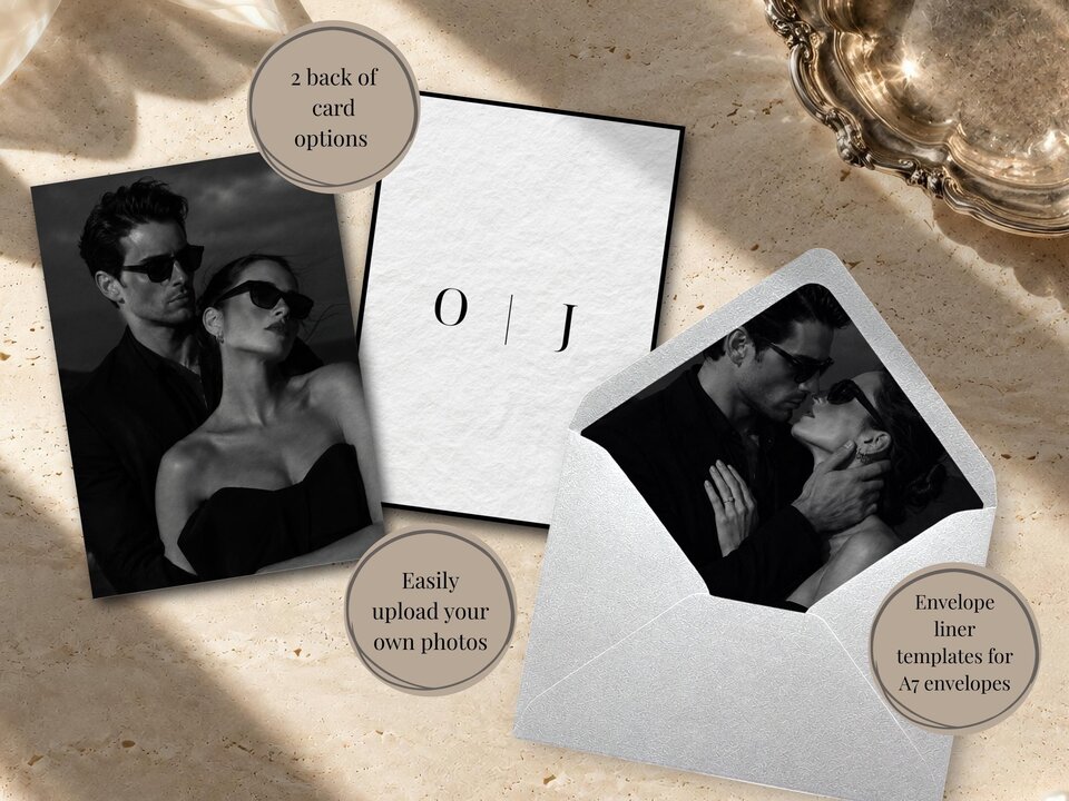 A black and white engagement photo card, a monogram card with initials O and J, and an envelope with a photo liner.