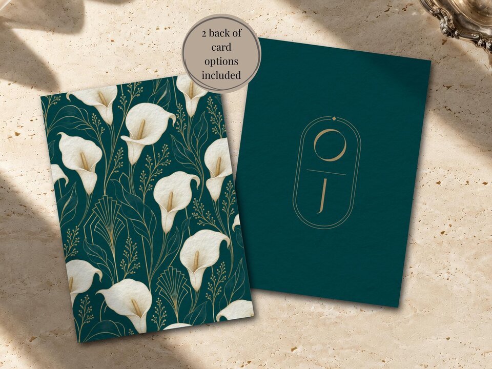 Two cards showing back options, one featuring a green and gold calla lily pattern and the other with a gold monogram on dark green.