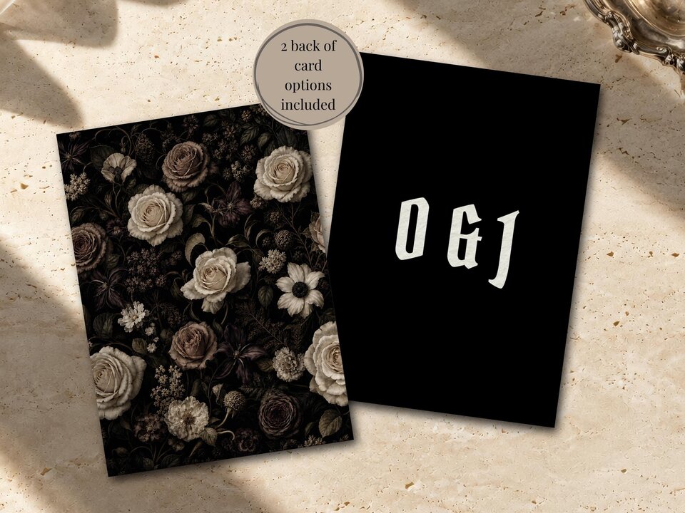 Two back of card options display a dark floral pattern on the left and a black card with white gothic initials on the right.