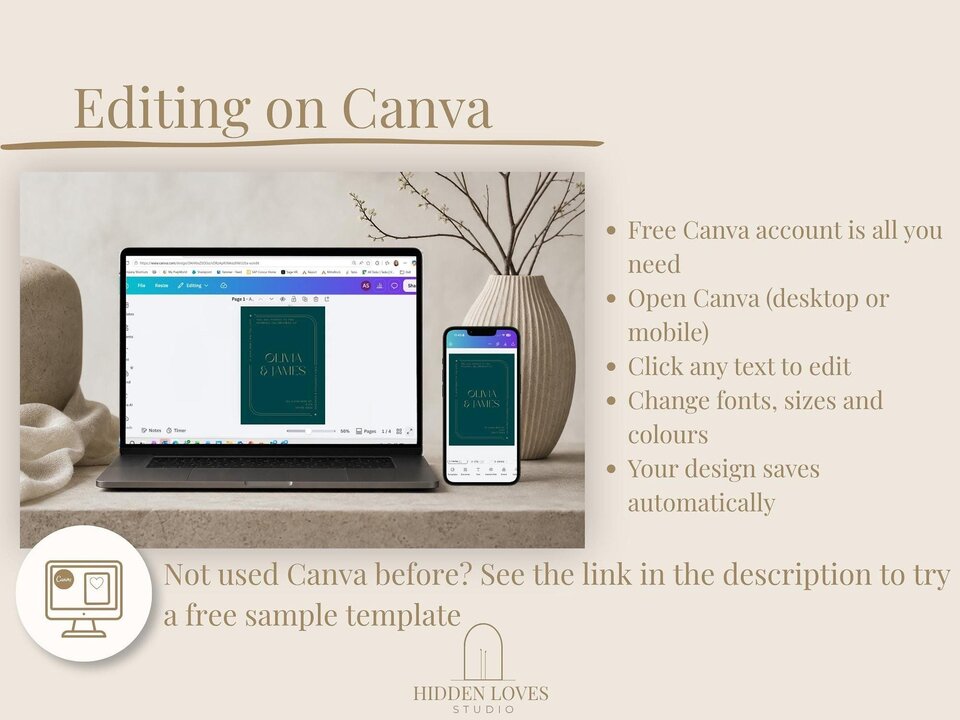 A laptop and smartphone displaying the Canva editing interface for the wedding invitation template.