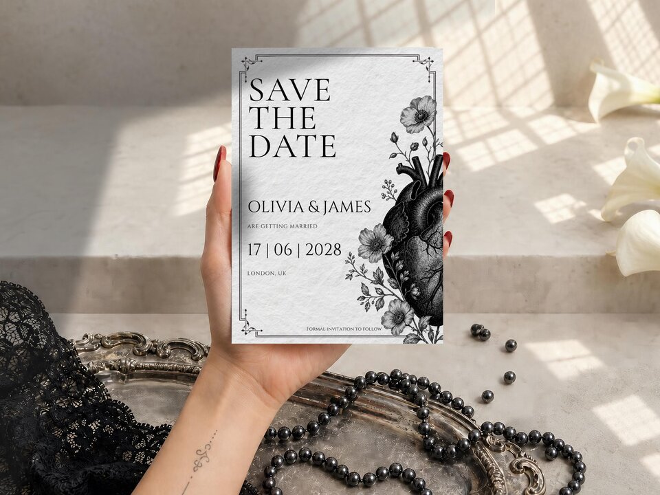 A person holding the Save the Date card featuring an anatomical heart illustration, displayed on a surface with black lace and pearls.