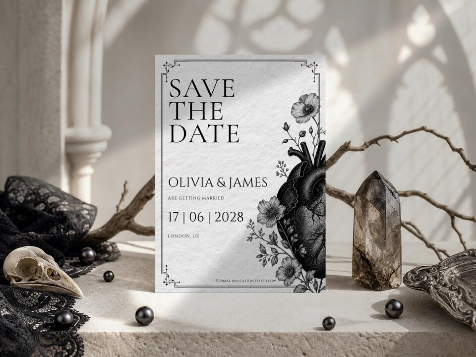 The Save the Date card standing upright on a stone ledge alongside a dark crystal point, an animal skull, and bare branches.