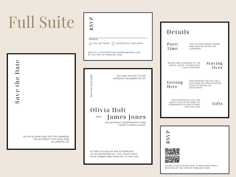 Digital graphic showing the full suite of wedding stationery layout templates with black typography on white backgrounds.