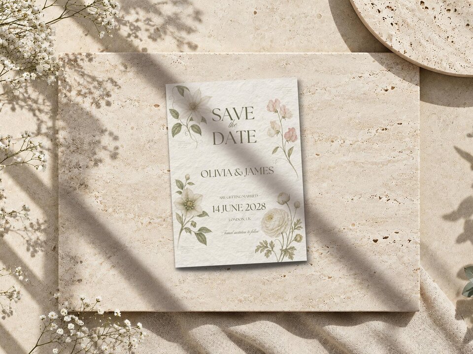 A flat-lay view of a botanical save the date card resting on a large beige stone slab with surrounding flowers and cloth.