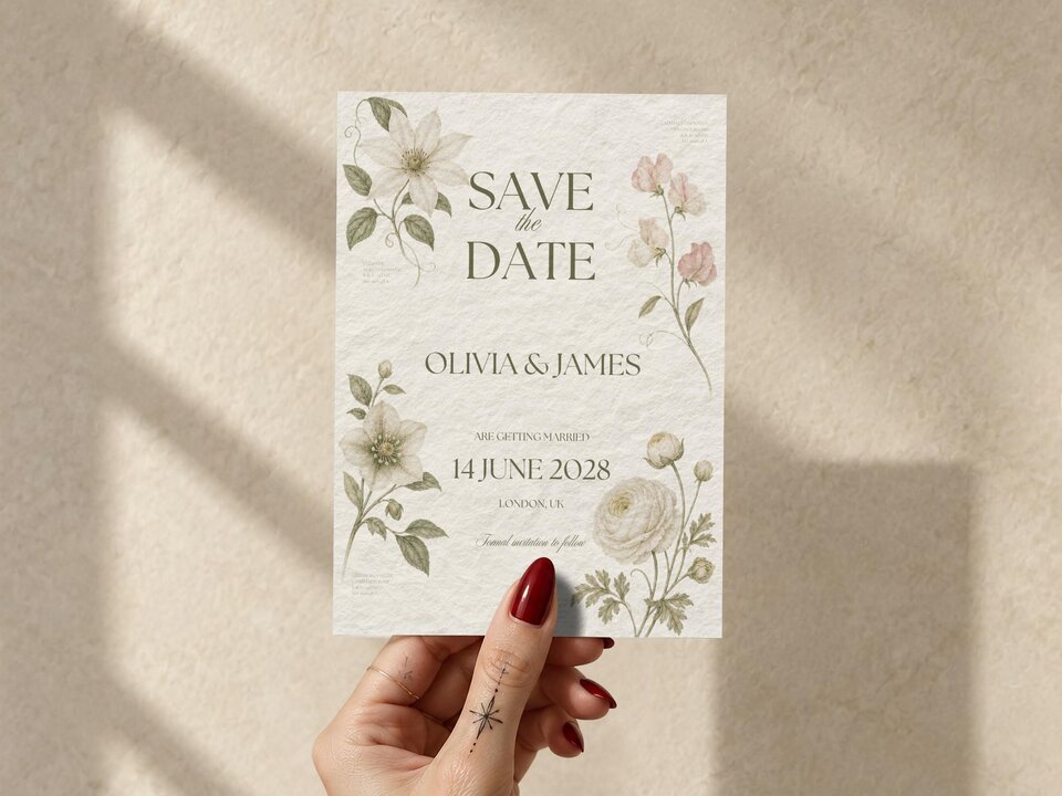 A hand with red nail polish holds a save the date card featuring botanical flower illustrations against a neutral background.