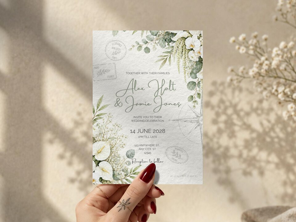 A hand holds up a wedding invitation card with botanical illustrations and text for Alex and Jamie on a neutral background.