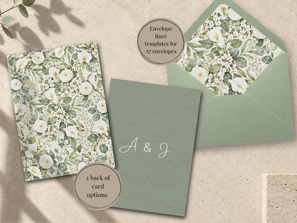 Envelope liner, a green card back, and an open sage green envelope showing a floral pattern are arranged flat on a stone background.