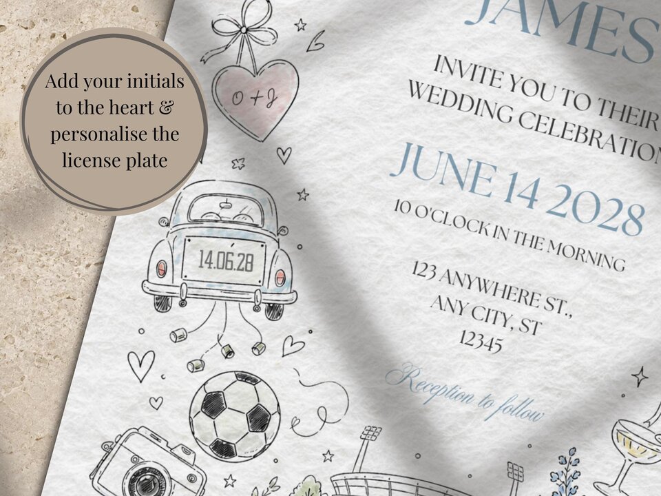 A cropped view of the wedding invitation highlighting the soccer, car, and camera sketches.