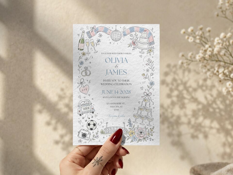 A hand holds the wedding invitation against a neutral background with dried baby's breath.