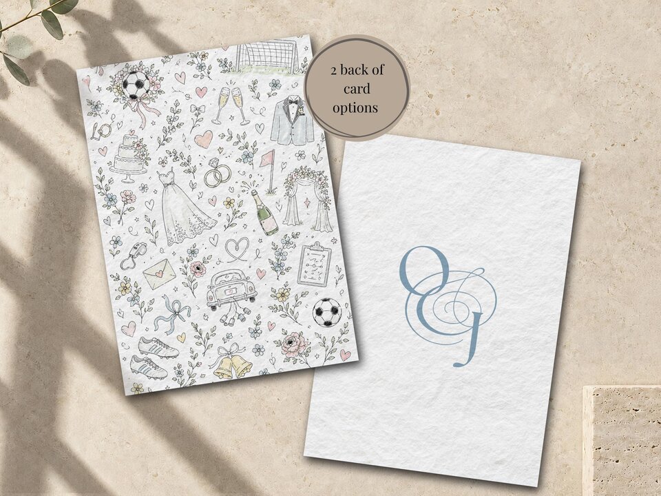 Two wedding card options showing a doodle pattern on the left and a monogram on the right.