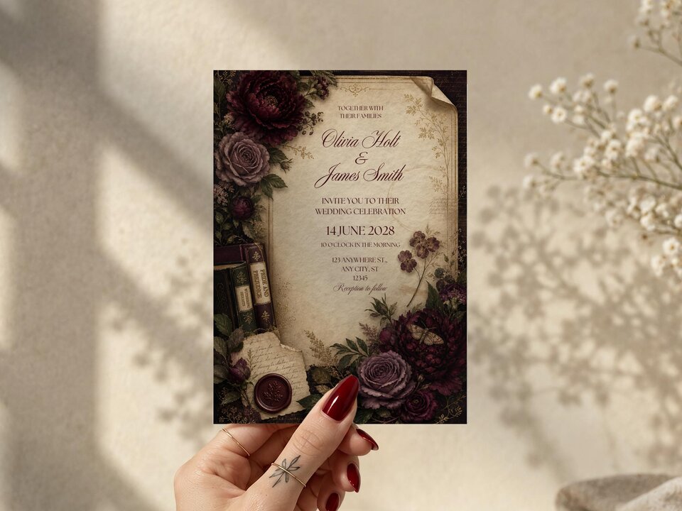 A hand holds a dark academic wedding invitation template decorated with vintage flowers and tiny books against a beige background.