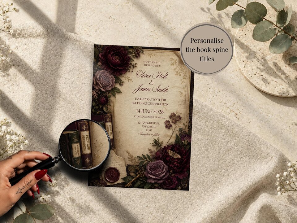 A magnifying glass hovers over miniature book spines on a wedding invitation featuring dark floral arrangements and vintage parchment paper.
