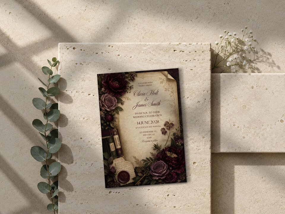 A wedding invitation is displayed flat on a carved stone block, accompanied by a trailing green branch and tiny white flowers.