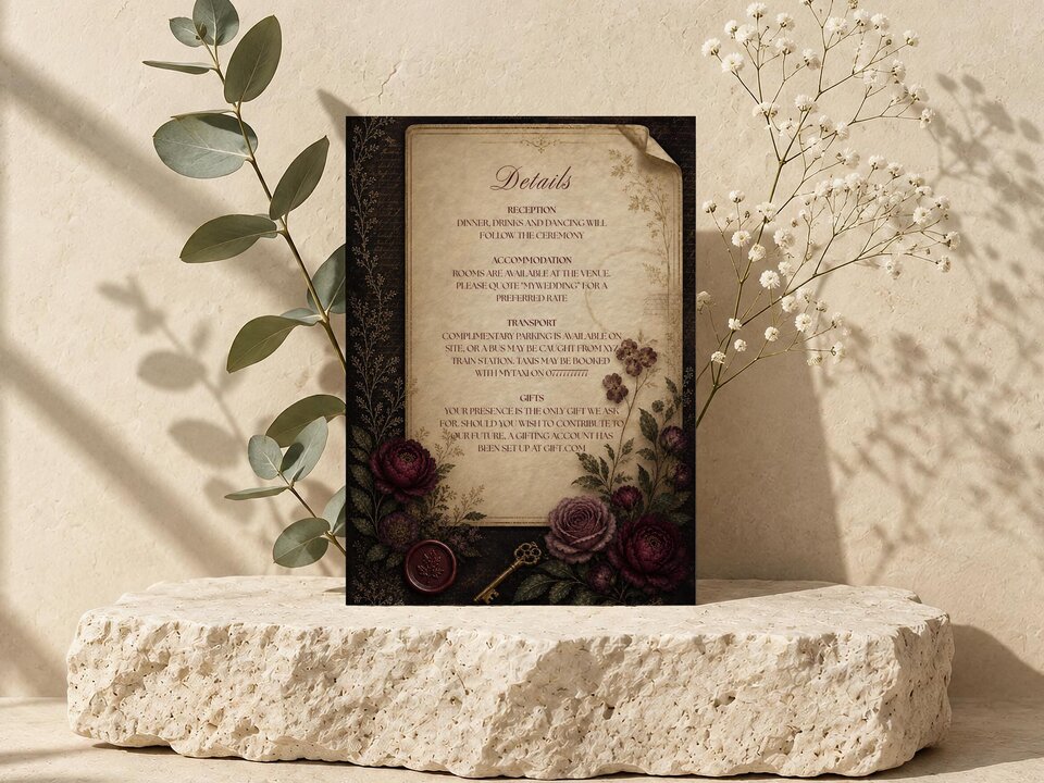 A details card with dark floral and book illustrations rests upright on a textured stone block, flanked by eucalyptus and baby's breath.