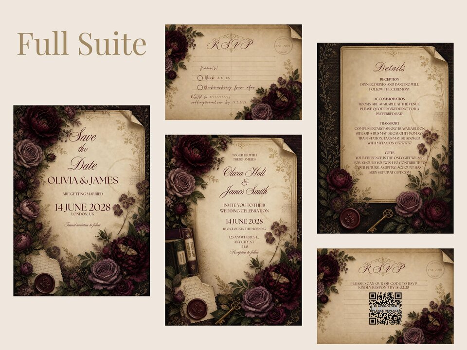 A complete suite of vintage dark academia themed wedding stationery templates arranged on a neutral surface.