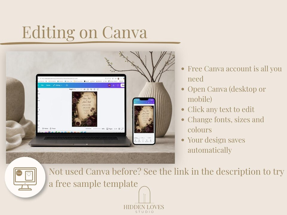 Instructional graphic explaining how to edit the template on Canva with text instructions on the right and a laptop and phone mockup on the left.