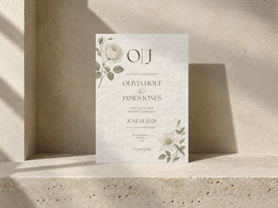 A single botanical wedding invitation card stands upright on a beige textured stone display surface.