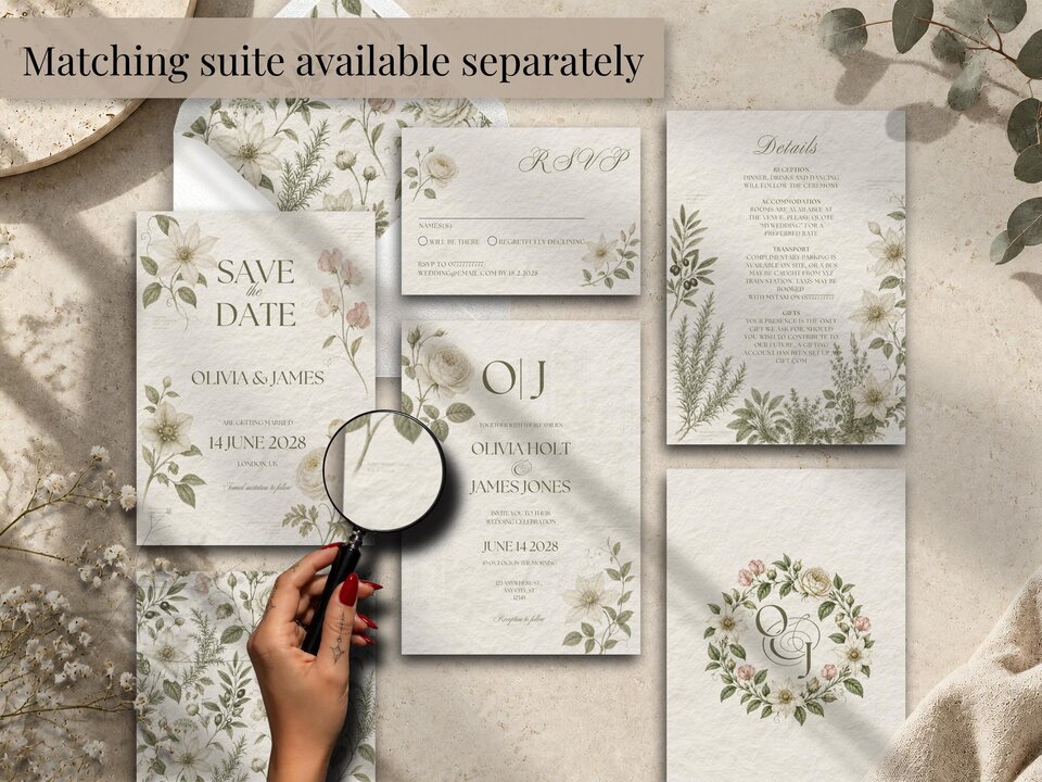 An overhead view of multiple wedding stationery items displayed together with a magnifying glass held over one piece by a hand.