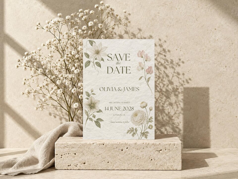 A save the date card with botanical illustrations resting on a stone block with a draped cloth and sprigs of baby's breath.