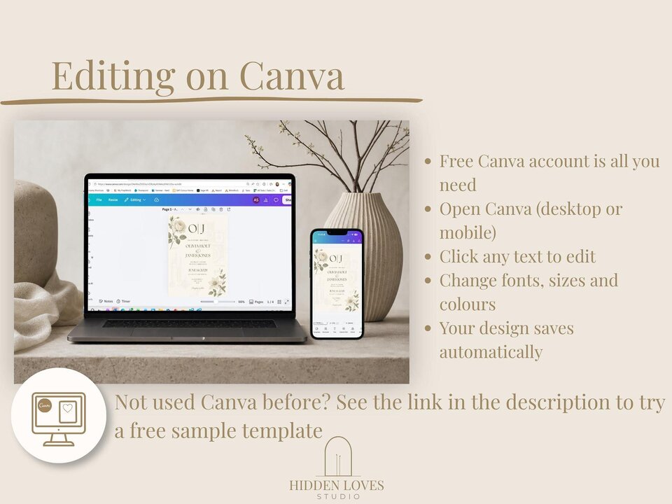 A laptop and a mobile phone display the digital wedding invitation template design on a desk next to a vase with branches.