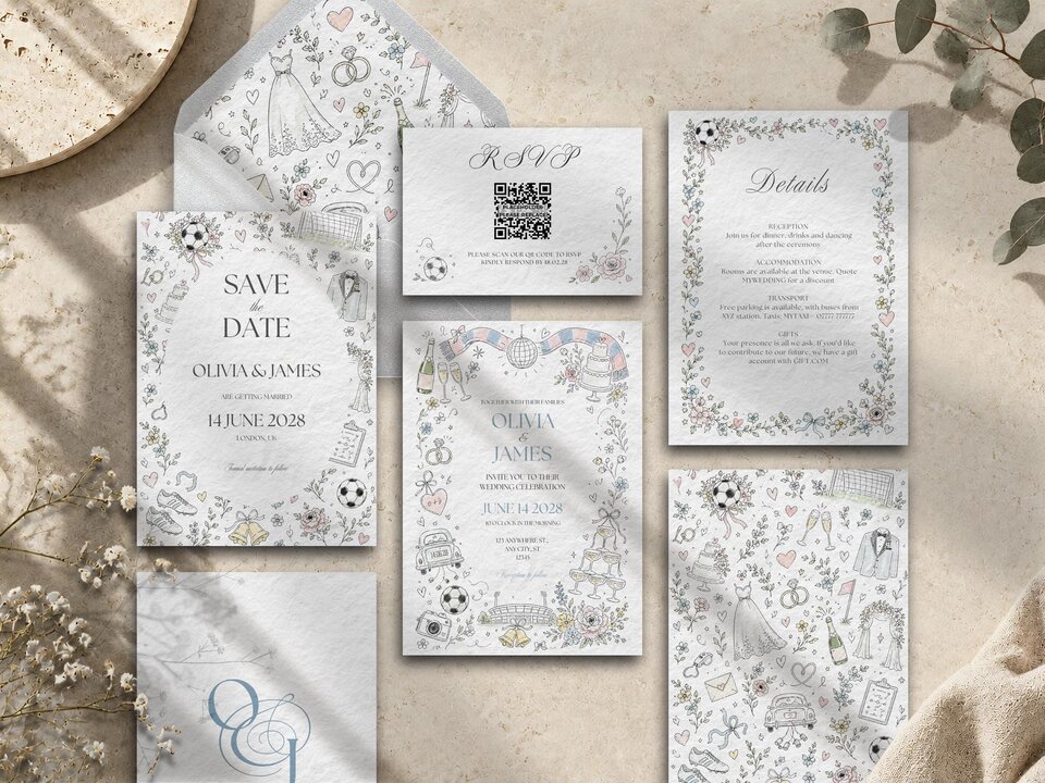 A flat lay showcasing multiple cards from a wedding invitation suite featuring doodle illustrations and text.
