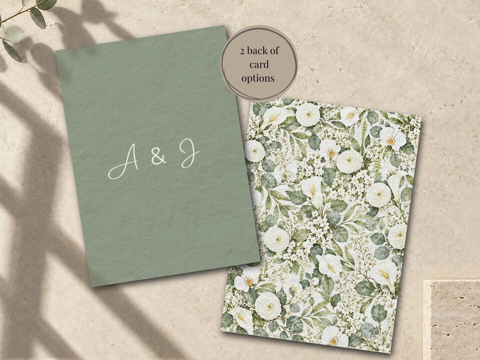Two back of card options shown side by side, one in solid sage green with white monogram letters and the other covered in a dense white floral pattern.