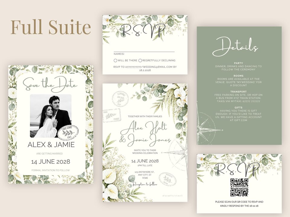 A full suite of wedding stationery layout featuring a save the date, invitation, details card, and multiple RSVP options with botanical accents.