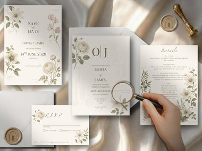 A hand holding a magnifying glass over a cream-colored wedding invitation suite with green floral designs, including a save-the-date, RSVP card, and details card, arranged on a light fabric surface with a wax seal.