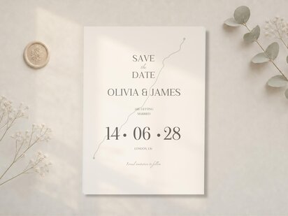 A white save-the-date card with the text "SAVE THE DATE OLIVIA & JAMES ARE GETTING MARRIED 14 06 28 LONDON, UK" and a faint grey dotted line resembling a running route.
