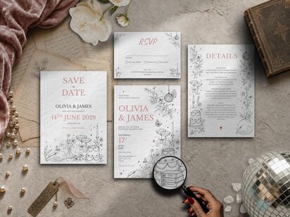 Book wedding invitation suite featuring personalised illustrated book spines reading Our Love Story, butterflies crafted from book pages, hidden literary details, champagne glasses and whimsical